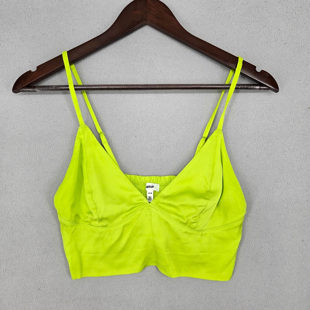Aerie Medium Lime Green Crop‎ Top Womens Neon Satin Smocked V-Neck Camisole